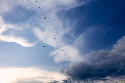 Low angle view of birds flying against sky