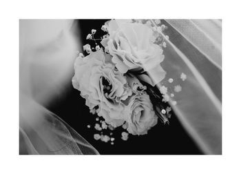 High angle view of white rose bouquet