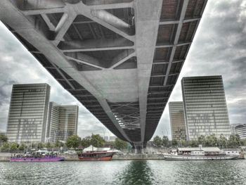 Bridge over river with city in background