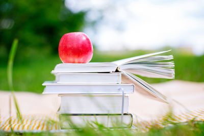 Close-up of apple on stacked books