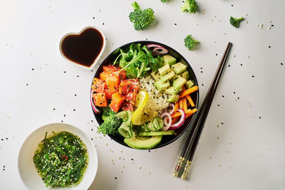 High angle view of meal served on table