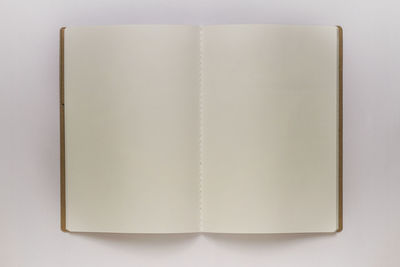 Directly above shot of open book against white background