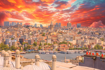 High angle view of townscape against sky during sunset