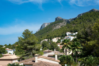 High angle view of houses and trees against blue sky