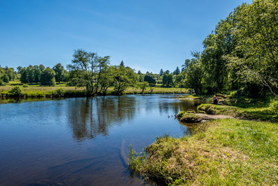 Scenic view of lake in forest against sky