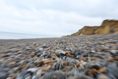 Close-up of sea shore against sky