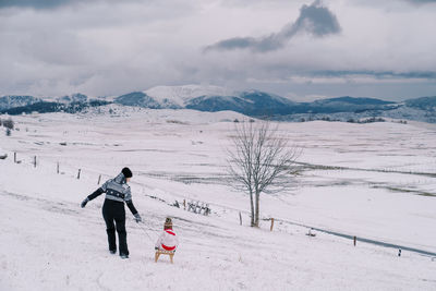 Rear view of man skiing on snowcapped mountains against sky