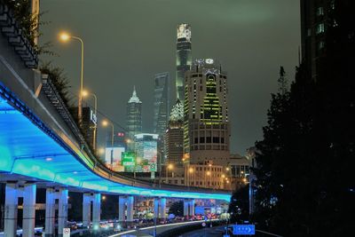 Illuminated buildings in city at night