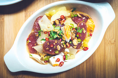 High angle view of food served in plate