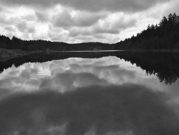 Scenic view of calm lake against cloudy sky