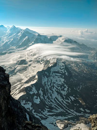 Aerial view of snowcapped mountains against sky