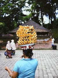 Rear view of woman with basket of tree