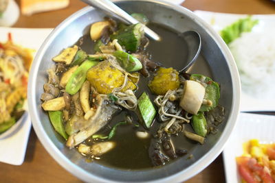 High angle view of food in bowl on table