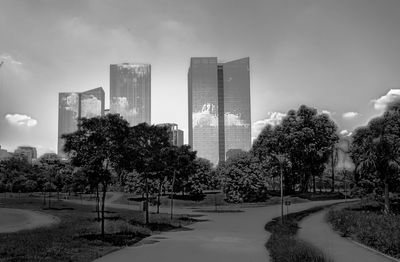 Trees and cityscape against sky