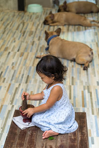 High angle view of girl playing with mortar and pestle at home