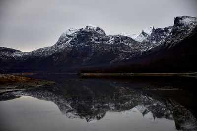 Scenic view of lake and snowcapped mountains against sky