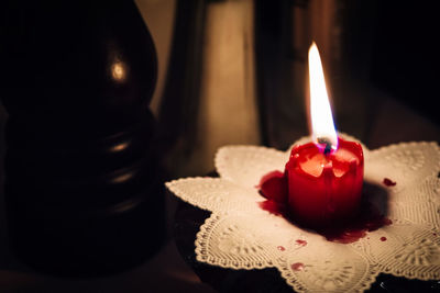 Close-up of lit candles on table