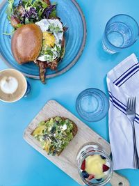 High angle view of breakfast on table