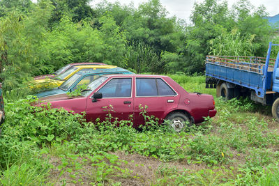 Abandoned car on field