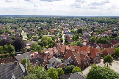 Bad bentheim, germany june 2019. panorama of the old town with many buildings with a red roof.