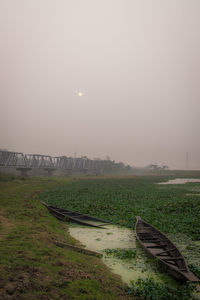 Scenic view of field against sky during foggy weather