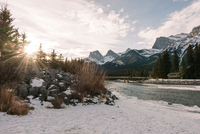 Snowy landscape with a river and mountains