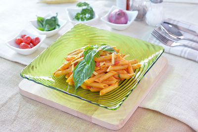 High angle view of food in plate on table