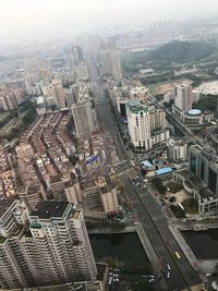 High angle view of modern buildings in city