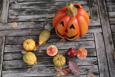 High angle view of pumpkins on table