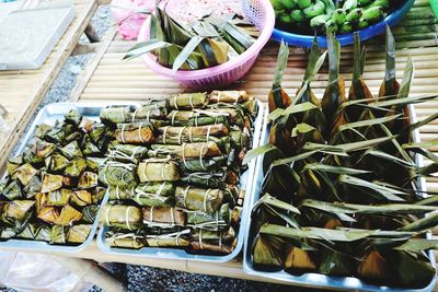 High angle view of vegetables for sale in market