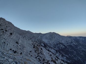 Scenic view of snowcapped mountains against clear blue sky