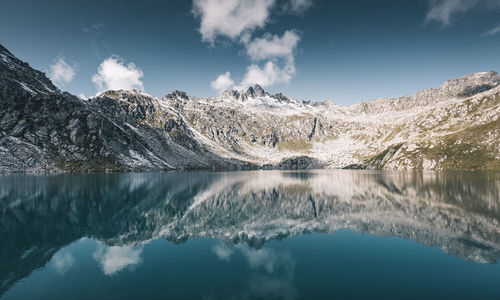 Scenic view of lake and snowcapped mountains against sky