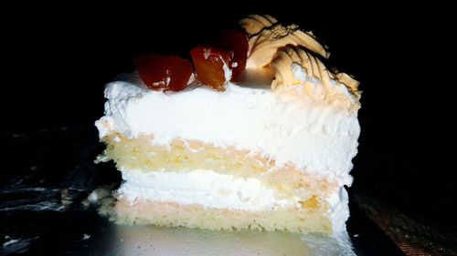 Close-up of cake against black background