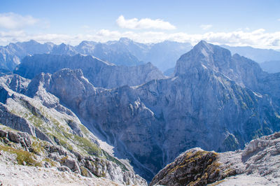 Panoramic view of rocky mountain ridges, julian alps