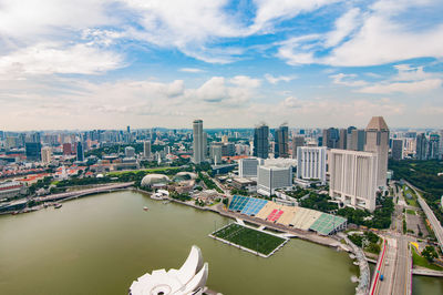 Aerial view of river amidst buildings against sky