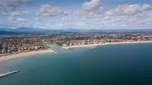 Panoramic view of rimini, its sea, its beaches and its port on the romagna riviera in post-pandemic