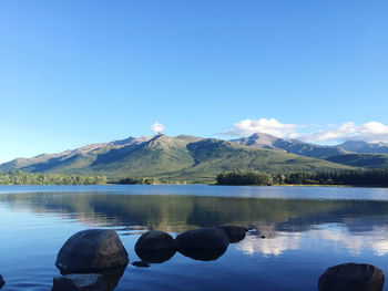 Scenic view of lake and mountains against clear blue sky