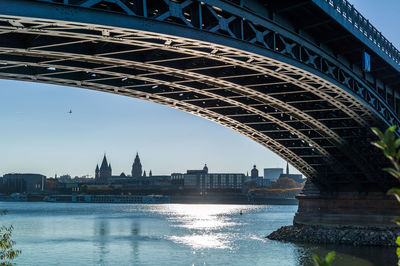 Bridge over river with city in background