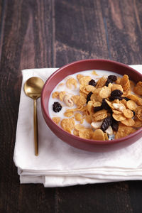 High angle view of breakfast served on table