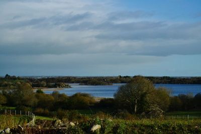 Scenic view of lake against cloudy sky