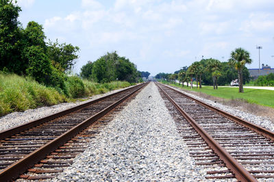 Railroad tracks amidst trees against sky