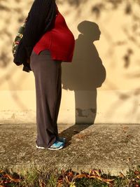 Low section of pregnant woman standing on footpath