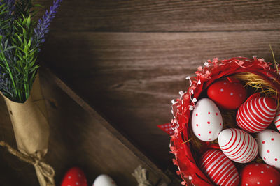 Directly above shot of christmas decorations on table