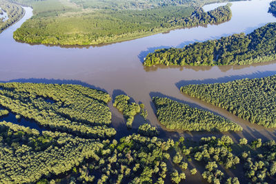 Aerial view of the danube river and its floodplain in serbia and croatia
