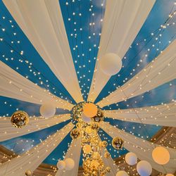 Low angle view of illuminated decorations against sky at dusk