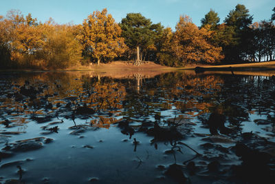 Reflection of trees in lake against sky during autumn