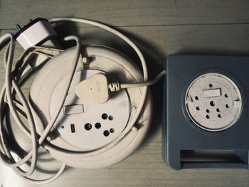 High angle view of telephone on table
