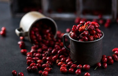 Dried rosehip fruits on the table