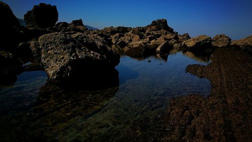 Rock formations in water against clear sky