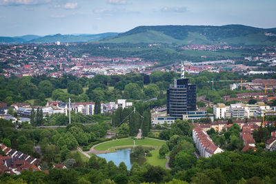 High angle view of buildings in city